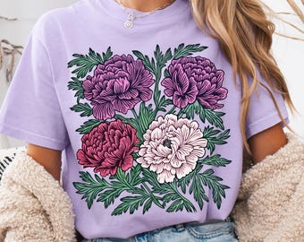 Camisa linograbada con peonías Comfort Colors®, camisa linograbada con flores, camisa con flores silvestres estilo cottagecore, camiseta bohemia vintage con peonías, regalo de cumpleaños de noviembre