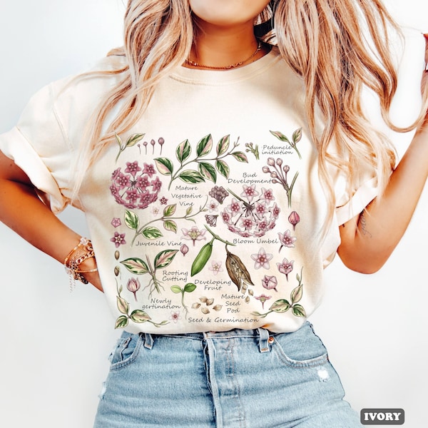 May include: Ivory-colored t-shirt featuring a botanical illustration of a plant's life cycle, including blooms, leaves, and seed pods. The design includes detailed labels such as "Bud Development" and "Seed & Germination". The shirt has a relaxed fit.