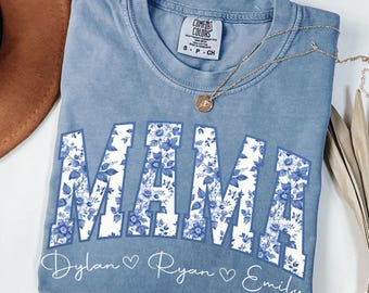 Comfort Colors® Personalized Mama Shirt, Toile Floral Mama Shirt, Pregnancy Announcement, Mom Life Shirt, Mothers Day Gift, New Mom Shirt