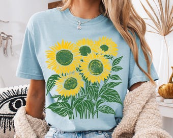 Maglietta vintage con motivo girasole Comfort Colors®, maglietta grafica estiva, maglietta con linoleum floreale e fiori di campo ad acquerello, maglietta botanica regalo, Cottagecore