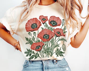 Comfort Colors® Poppies Linocut Shirt,  Floral Linocut Shirt, Vintage Boho Poppy Tee, Cottagecore Wildflowers T-shirt, August Birthday Gift