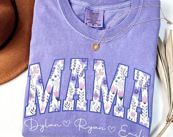 Comfort Colors® Personalized Mama Shirt, Toile Floral Mama Shirt, Pregnancy Announcement, Mom Life Shirt, Mothers Day Gift, New Mom Shirt