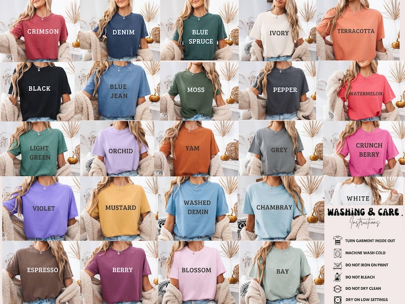May include: A collection of short-sleeved t-shirts in various colors, each labeled with a color name in white text. Colors include Crimson, Denim, Blue Spruce, Ivory, Terracotta, Black, Blue Jean, Moss, Pepper, and Watermelon.