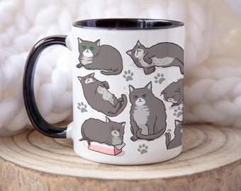 Taza divertida de gato gris, regalo de gato gris, taza de café de gato, regalo divertido para amantes de los gatos, regalo para ella, taza de mamá gata, taza de papá gato, gato atigrado gris