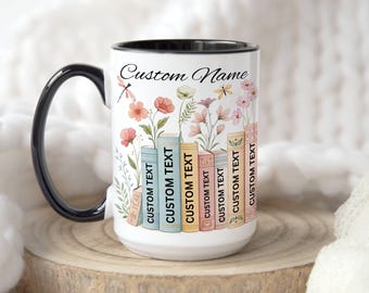 Taza personalizada con diseño floral de libros, taza de café con temática de estantería, título y nombre personalizados, regalo para bibliotecario, amante de los libros.