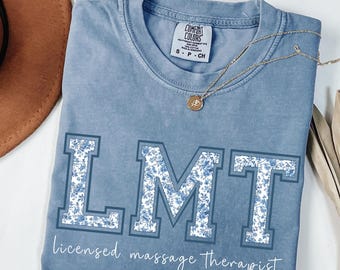 Comfort Colors® Licensed Massage Therapist Shirt, Blue Toile LMT T-Shirt, Floral Massage Therapist Gift, Massage Therapist Graduation Gift