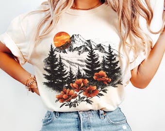 Comfort Colors® Vintage Botanical Shirt, Sunset Wildflowers Shirt, Wild flower Shirt, Cottagecore floral shirt, Alaskan mountain range tee