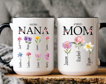 Personalized First Mom Now Grandma Mug, Grandma's Garden Birth Flower Mug, Custom Birth Month Flowers, Gift For Mom, Gift For Grandma Nana