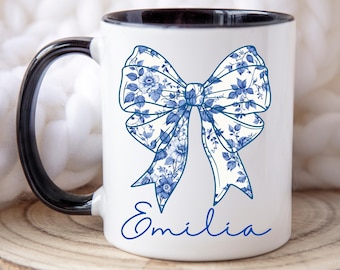 Tazza personalizzata con fiocco in tela blu, tazza con fiocco blu Coquette, tazza con nome personalizzato, tazza per festa nuziale, tazza con nome per lei, tazza per la migliore amica, tazza per figlia