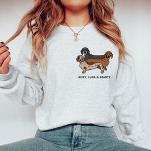 May include: A gray sweatshirt with a graphic of three dachshund dogs. The dogs are brown, black, and brown and white. The text "ROXY, LUNA & BEAUTY" is printed below the dogs.