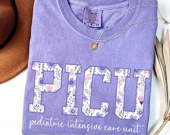 Comfort Colors® Floral PICU Nurse Shirt, Blue Toile Pediatric ICU Nurse T-Shirt, Pediatric Nurse Tee, Nurse Nightshirt, picu Gifts, RN Shirt