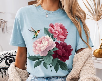 Comfort Colors® Vintage Linocut Peony Shirt, Cottagecore Boho Shirt, Garden Peony Shirt, Floral shirt, Floral Graphic Tee, Hummingbird Shirt