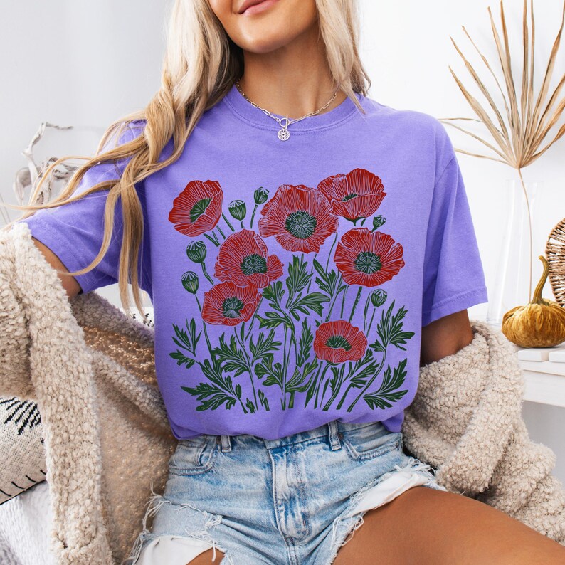 Comfort Colors® Poppies Linocut Shirt, Floral Linocut Shirt, Vintage Boho Poppy Tee, Cottagecore Wildflowers T-shirt, August Birthday Gift image 15