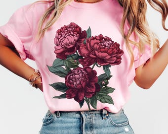 Camisa de peonía linograbada Comfort Colors®, camisa floral Art Nouveau, camisa de flores silvestres estilo cottagecore, peonía bohemia vintage, xilografía para cumpleaños de noviembre