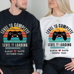 10th Wedding Anniversary Gift Sweatshirt, Personalized Level 10 Complete Gift for Husband Wife, 10 year Anniversary Retro Video Game Shirt