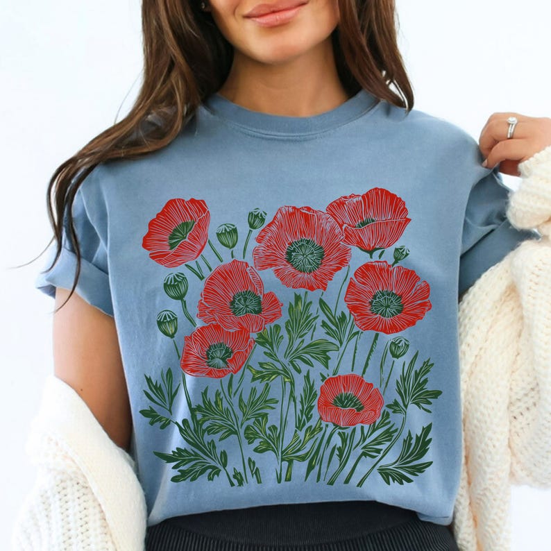 Comfort Colors® Poppies Linocut Shirt, Floral Linocut Shirt, Vintage Boho Poppy Tee, Cottagecore Wildflowers T-shirt, August Birthday Gift image 13