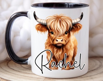 Personalisierte Highland Kuh Kaffeetasse, süße Highland Kuh Geschenke Freund, Geschenk für Kuh-Liebhaber, personalisiertes Geschenk für sie, Geburtstagsgeschenk für sie