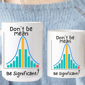 Puede incluir: Dos tazas de cerámica blancas, una grande y otra pequeña, cada una con el texto "Don't be mean" sobre un gráfico azul, naranja y turquesa. Debajo del gráfico está el texto "Be Significant".