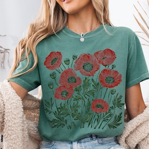 Comfort Colors® Poppies Linocut Shirt, Floral Linocut Shirt, Vintage Boho Poppy Tee, Cottagecore Wildflowers T-shirt, August Birthday Gift image 16