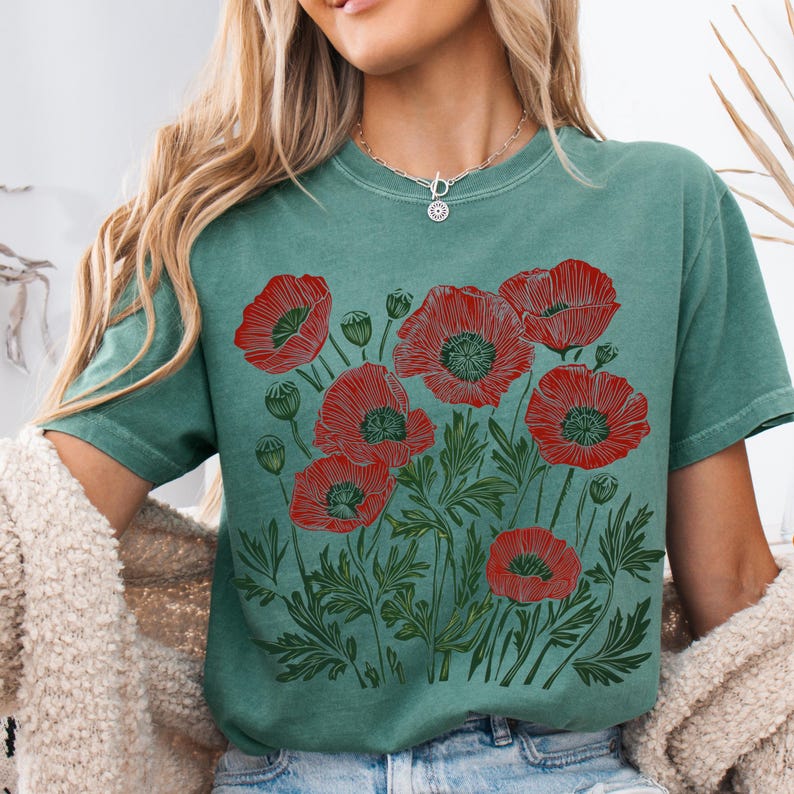 Comfort Colors® Poppies Linocut Shirt, Floral Linocut Shirt, Vintage Boho Poppy Tee, Cottagecore Wildflowers T-shirt, August Birthday Gift image 16