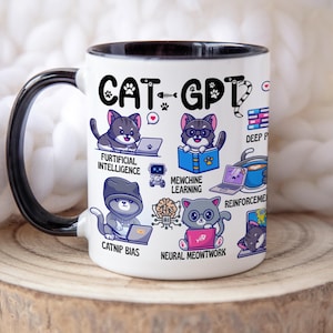 Może przedstawiać: Biały ceramiczny kubek z czarnym uchwytem i obramowaniem, z napisem "CAT-GPT" i ilustracjami kreskówkowych kotów używających laptopów i książek. Kubek zawiera terminy takie jak "Furtificial Intelligence" i "Neural Meowtwork".