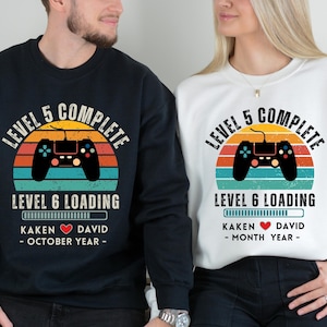 5th Wedding Anniversary Gift Sweatshirt, Personalized Level 5 Complete Gift for Husband Wife, 5 year Anniversary Gift Retro Video Game Shirt