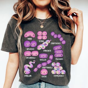 May include: Dark grey t-shirt with a colourful illustration of different bacteria, such as Vibrio and Spirochete. Each bacteria type is labelled with its name in a playful font, creating a unique science-themed graphic design.