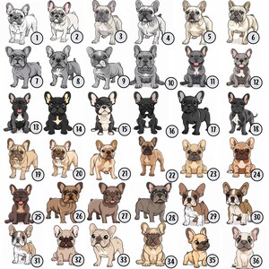 May include: A collection of 36 illustrated images of French Bulldogs in various poses and colors. Each image is numbered from 1 to 36.