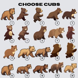 Może przedstawiać: Siatka 20 kresk&oacute;wkowych brązowych niedźwiadk&oacute;w w r&oacute;żnych pozach. Niedźwiadki są ponumerowane od 1 do 20. Tekst "CHOOSE CUBS" znajduje się u g&oacute;ry obrazu.