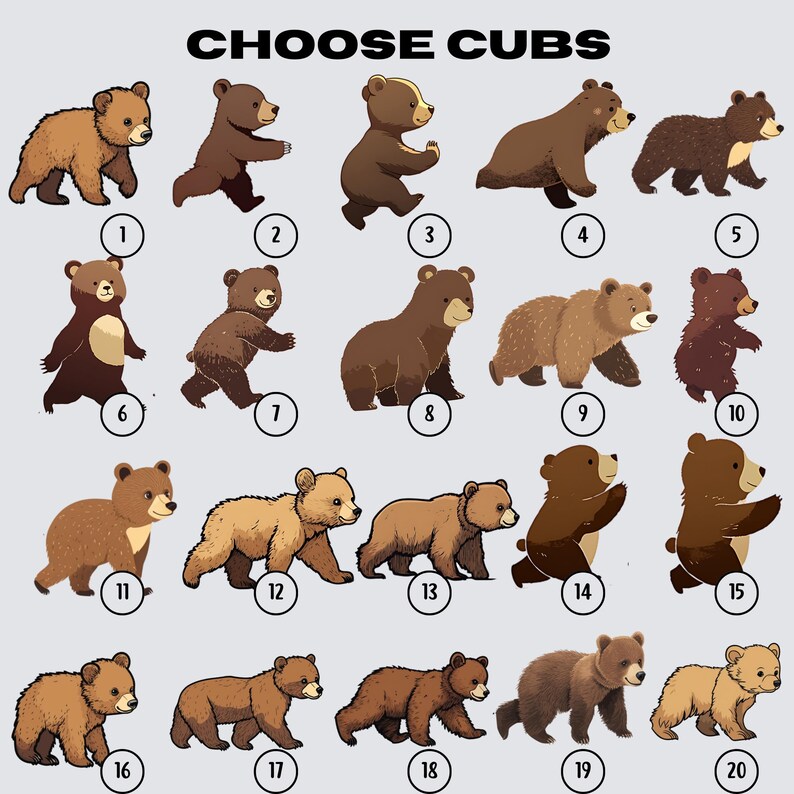 Może przedstawiać: Siatka 20 kresk&oacute;wkowych brązowych niedźwiadk&oacute;w w r&oacute;żnych pozach. Niedźwiadki są ponumerowane od 1 do 20. Tekst "CHOOSE CUBS" znajduje się u g&oacute;ry obrazu.