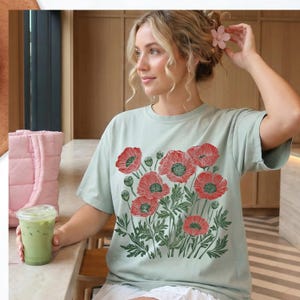 Comfort Colors® Poppies Linocut Shirt, Floral Linocut Shirt, Vintage Boho Poppy Tee, Cottagecore Wildflowers T-shirt, August Birthday Gift image 9