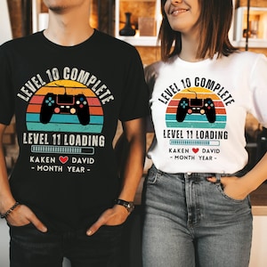 10th Wedding Anniversary Gift T-shirt, Personalized Level 10 Complete Gift for Husband, Wife, 10 year Anniversary Retro Video Game Shirt