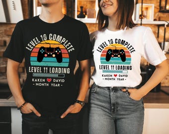 10th Wedding Anniversary Gift T-shirt, Personalized Level 10 Complete Gift for Husband, Wife, 10 year Anniversary Retro Video Game Shirt