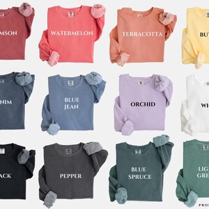 May include: Twelve long-sleeved shirts in various colors, including crimson, watermelon, terracotta, butter, denim, blue jean, orchid, white, black, pepper, blue spruce, and light green. Each shirt has a different color and a single word printed on the front.
