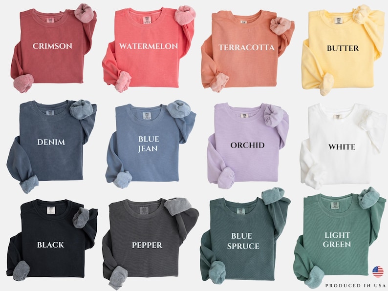 May include: Twelve long-sleeved shirts in various colors, including crimson, watermelon, terracotta, butter, denim, blue jean, orchid, white, black, pepper, blue spruce, and light green. Each shirt has a different color and a single word printed on the front.