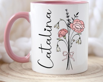 Custom Birth Flower Coffee Mug, Personalized January Cup, Monogram Initial Name, Carnation Mug, Snowdrop Mug, Birth Month Gift, Mothers Day