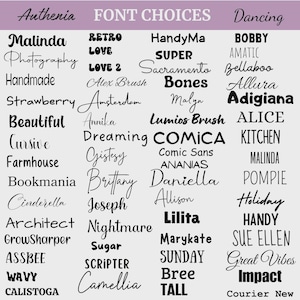 May include: A graphic showcasing font choices, including "Malinda," "Retro," and "HandyMa." The text is in various styles, from cursive to bold, with the words "Font Choices" at the top. The background is a light gray.
