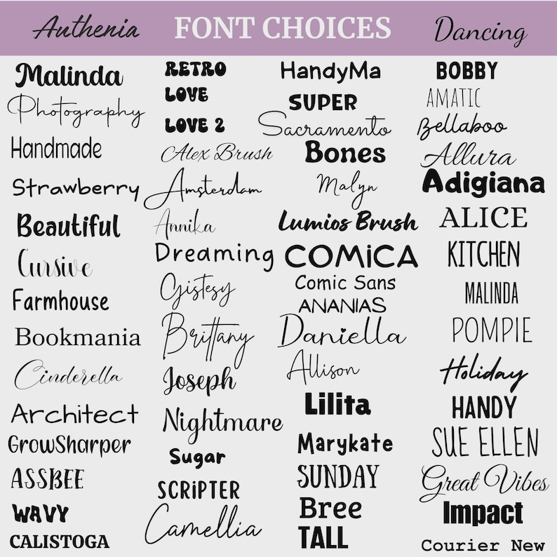 May include: A graphic showcasing font choices, including "Malinda," "Retro," and "HandyMa." The text is in various styles, from cursive to bold, with the words "Font Choices" at the top. The background is a light gray.
