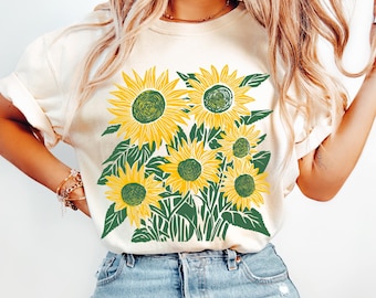 Maglietta vintage con motivo girasole Comfort Colors®, maglietta grafica estiva, maglietta con linoleum floreale e fiori di campo ad acquerello, maglietta botanica regalo, Cottagecore
