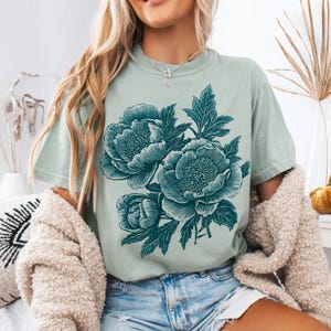 Comfort Colors® Vintage Linocut Peony Shirt,  Cottagecore Boho Shirt, Block Print Peonies Shirt, Ranunculus Woodcut Tee, Botanical Shirt
