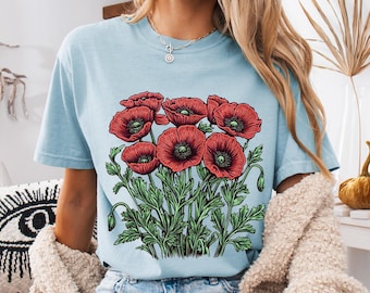 Comfort Colors® Poppies Linocut Shirt,  Floral Linocut Shirt, Vintage Boho Poppy Tee, Cottagecore Wildflowers T-shirt, August Birthday Gift