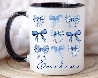 Tazza personalizzata con fiocco in tela blu, tazza con fiocco blu Coquette, tazza con nome personalizzato, tazza per festa nuziale, tazza con nome per lei, tazza per la migliore amica, tazza per figlia