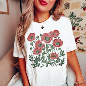 Comfort Colors® Poppies Linocut Shirt, Floral Linocut Shirt, Vintage Boho Poppy Tee, Cottagecore Wildflowers T-shirt, August Birthday Gift image 19