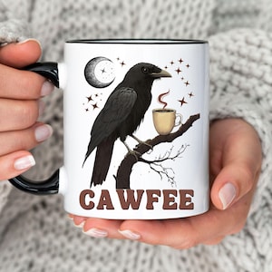 Cawfee crow mug, Funny Crow Mug, Crow Drinking Coffee, Whimsical Gift for Bird Lovers, Raven Lover Gift, Bird Lover Gift, bird nerd