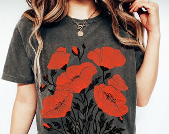Comfort Colors® Poppies Linocut Shirt,  Floral Linocut Shirt, Vintage Boho Poppy Tee, Cottagecore Wildflowers T-shirt, August Birthday Gift