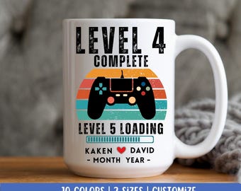 4th Wedding Anniversary Gift Mug, Personalized Level 4 Complete Gift for Husband and Wife, 4 year Anniversary Gift Retro Video Game Mug