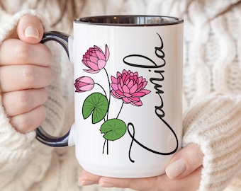 July Birthday Name Mug, Personalized Coquette Birth Flower Mug, Floral Sister Mug, Gift For Mom, Gift For Daughter, Best Friend Gift Mug