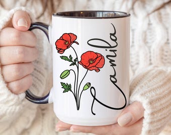 August Birthday Name Mug, Personalized Coquette Birth Flower Mug, Floral Sister Mug, Gift For Mom, Gift For Daughter, Best Friend Gift Mug