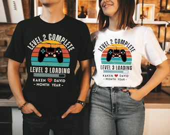 Camiseta de regalo para el segundo aniversario de bodas, regalo completo personalizado de nivel 2 para esposo y esposa, camiseta de videojuego retro para el segundo aniversario.