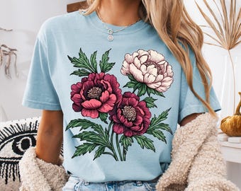 Camisa linograbada con peonías Comfort Colors®, camisa linograbada con flores, camisa con flores silvestres estilo cottagecore, camiseta bohemia vintage con peonías, regalo de cumpleaños de noviembre